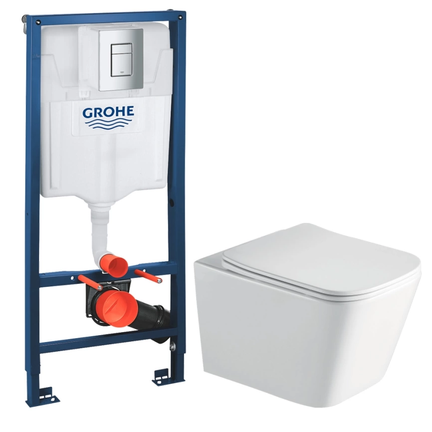 Комплект инсталляции Grohe Rapid SL 38772001 c кнопкой хром и подвесным унитазом Gromix GM-0205 с сиденьем