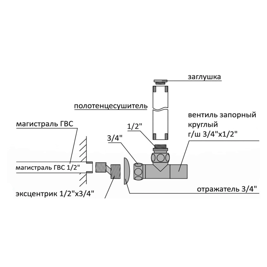 Вентиль для полотенцесушителя Terminus ZZ4708 круглый ГШ 3/4x1/2, хром