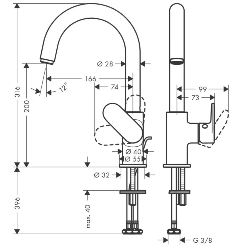 Смеситель для раковины Hansgrohe Vernis Blend 71554000, хром - схема