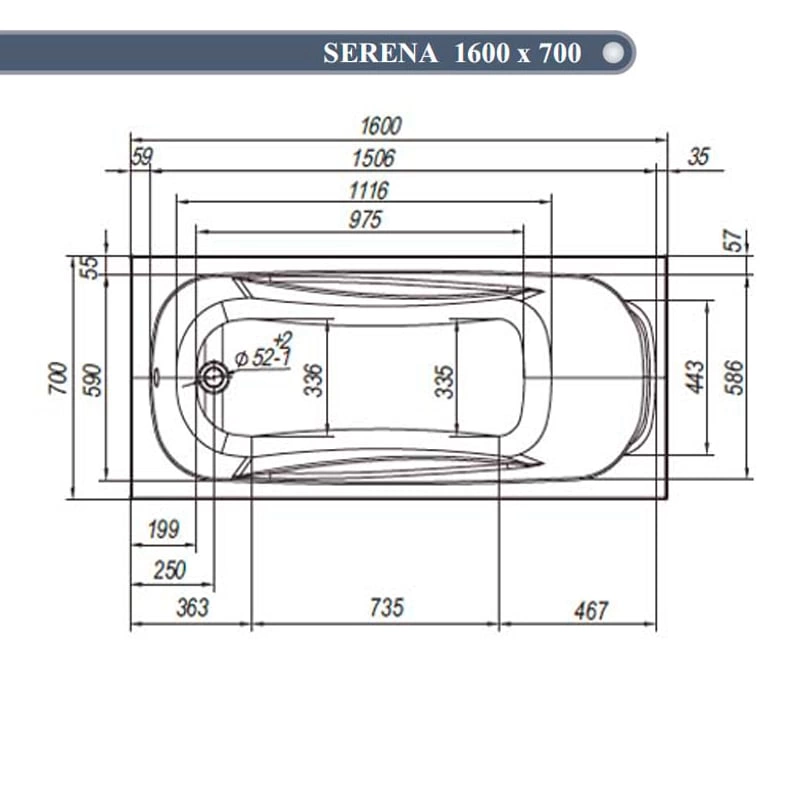 Ванна акриловая Ventospa Serena 160x70 с ножками - схема 1