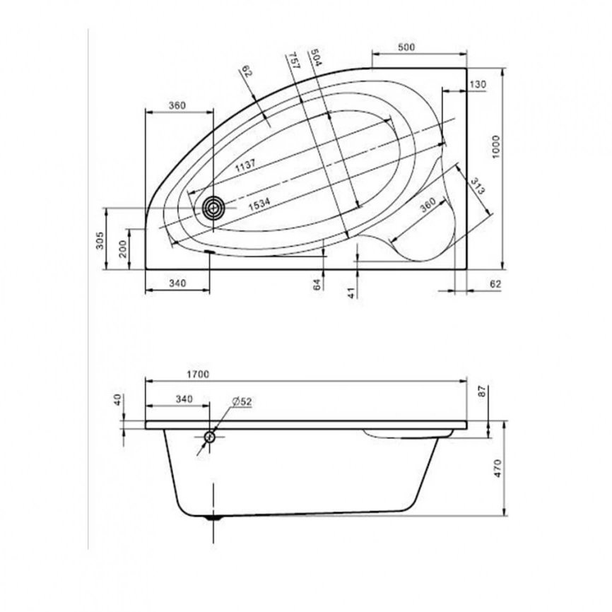 Ванна акриловая асимметричная Santek Эдера 170х100 L с каркасом и панелью, левая - схема