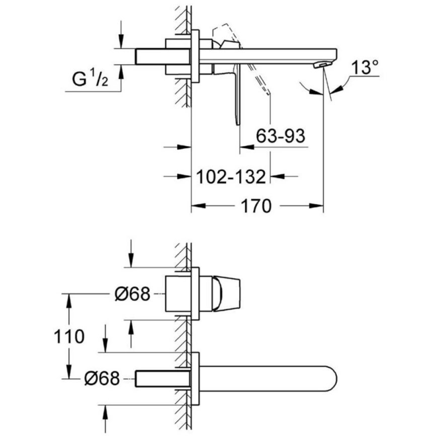 Смеситель для раковины Grohe Eurosmart Cosmopolitan 19381000 настенный, хром - схема
