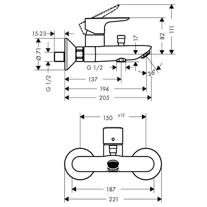 Смеситель для ванны Hansgrohe Talis E 71740990, золотистый - схема