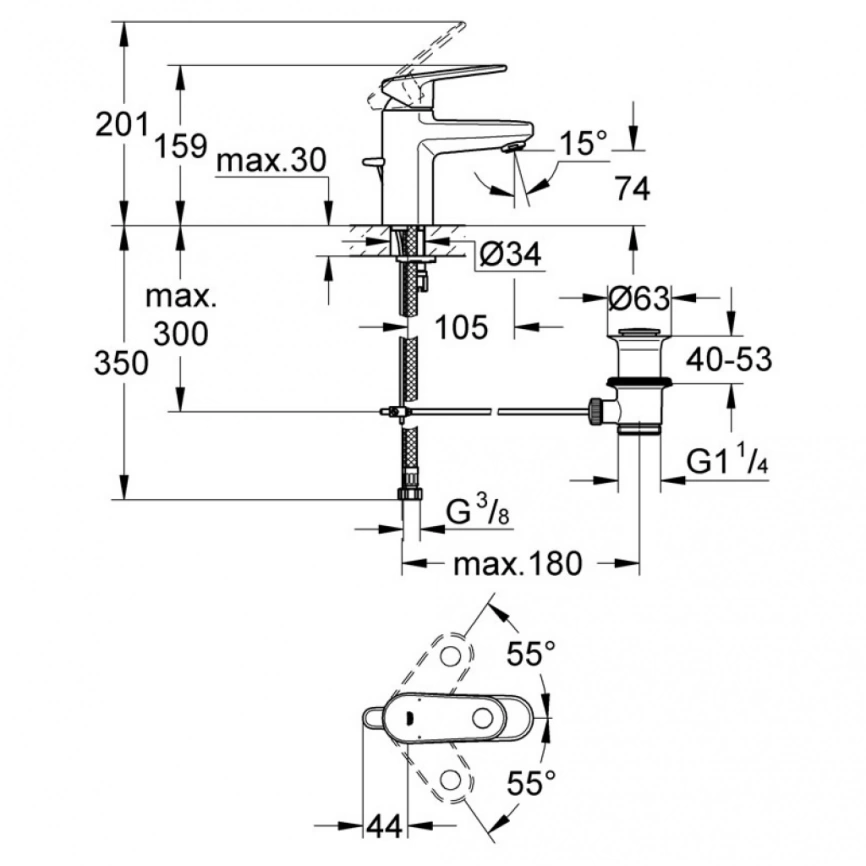 Смеситель для раковины Grohe Europlus 32612002, хром - схема