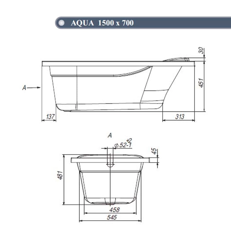 Ванна акриловая Ventospa Aqua 150x70 с ножками - схема 2