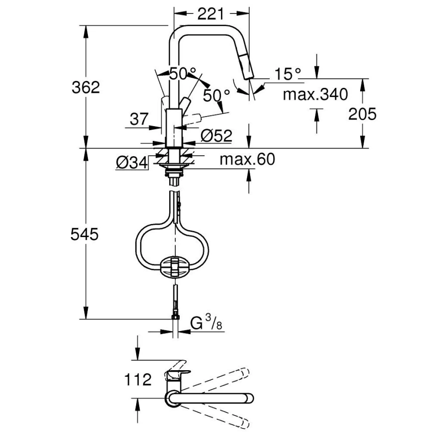 Смеситель для кухни Grohe Eurosmart 30619000 c выдвижным изливом - схема