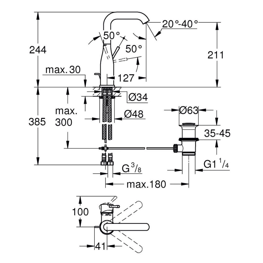 Смеситель для раковины Grohe Essence 24174GN1, золотистый - схема