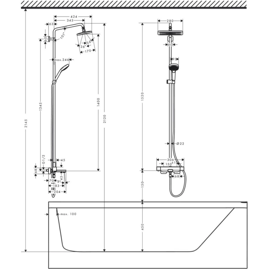 Душевая стойка Hansgrohe Croma E Showerpipe 27687000 с термостатом - схема 2