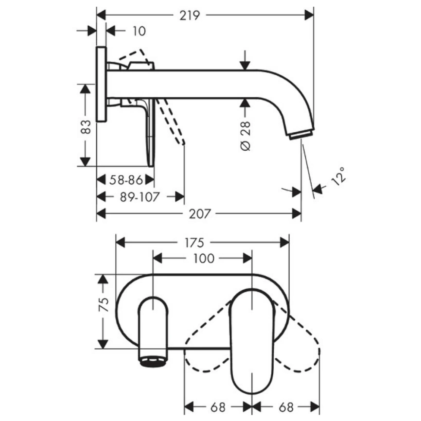 Смеситель для раковины Hansgrohe Vernis Shape 71578000 настенный, хром - схема