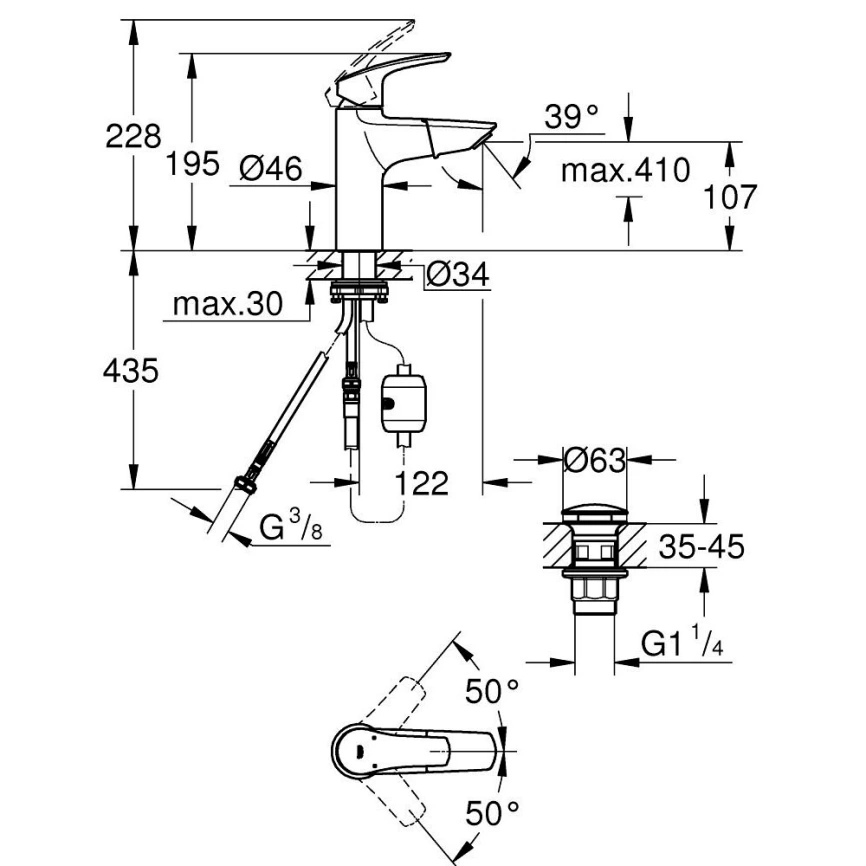Смеситель для раковины Grohe Eurosmart 23976003 с выдвижным изливом хром - схема