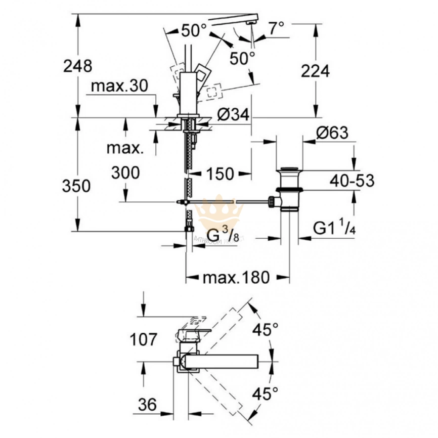 Смеситель для раковины Grohe Eurocube 23135000, хром - схема