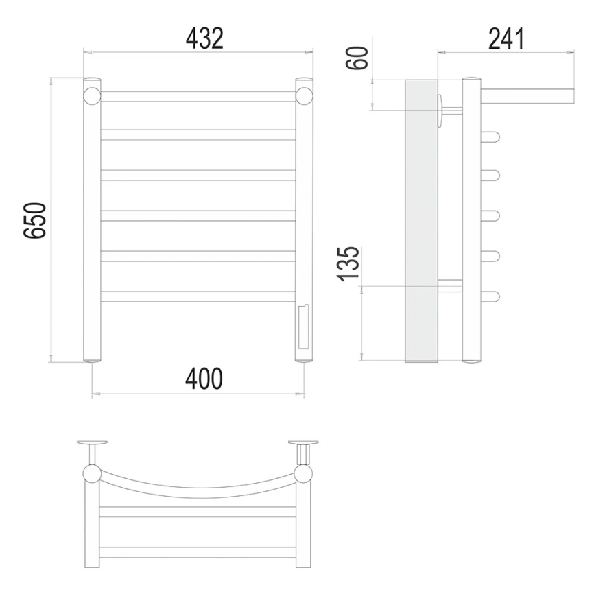 Полотенцесушитель электрический Terminus Классик П6 400x650 с полкой, хром - схема