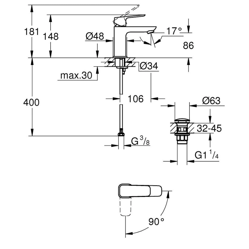 Смеситель для раковины Grohe Cubeo 1017320000, хром - схема