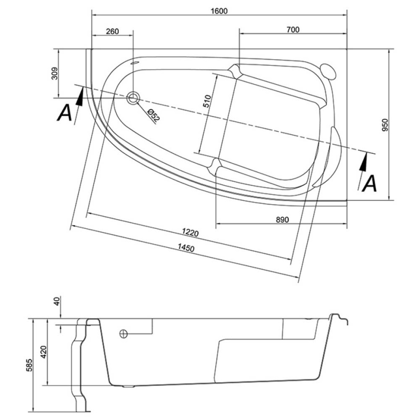 Ванна акриловая асимметричная Cersanit Joanna 160x95 с каркасом и панелью, правая - схема