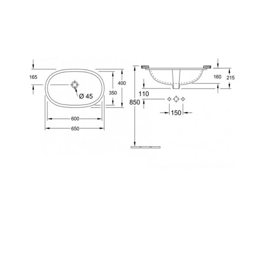 Раковина Villeroy&Boch O.novo 41626001 60x35 под столешницу - схема