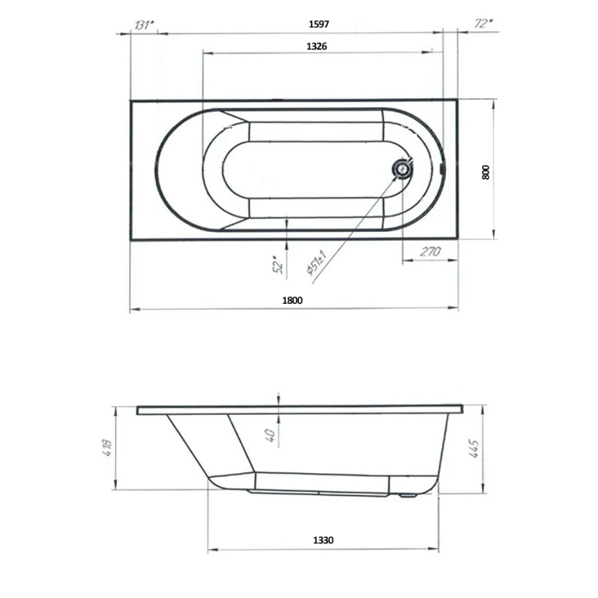 Ванна акриловая Marka One Vesper 180x80 с ножками - схема