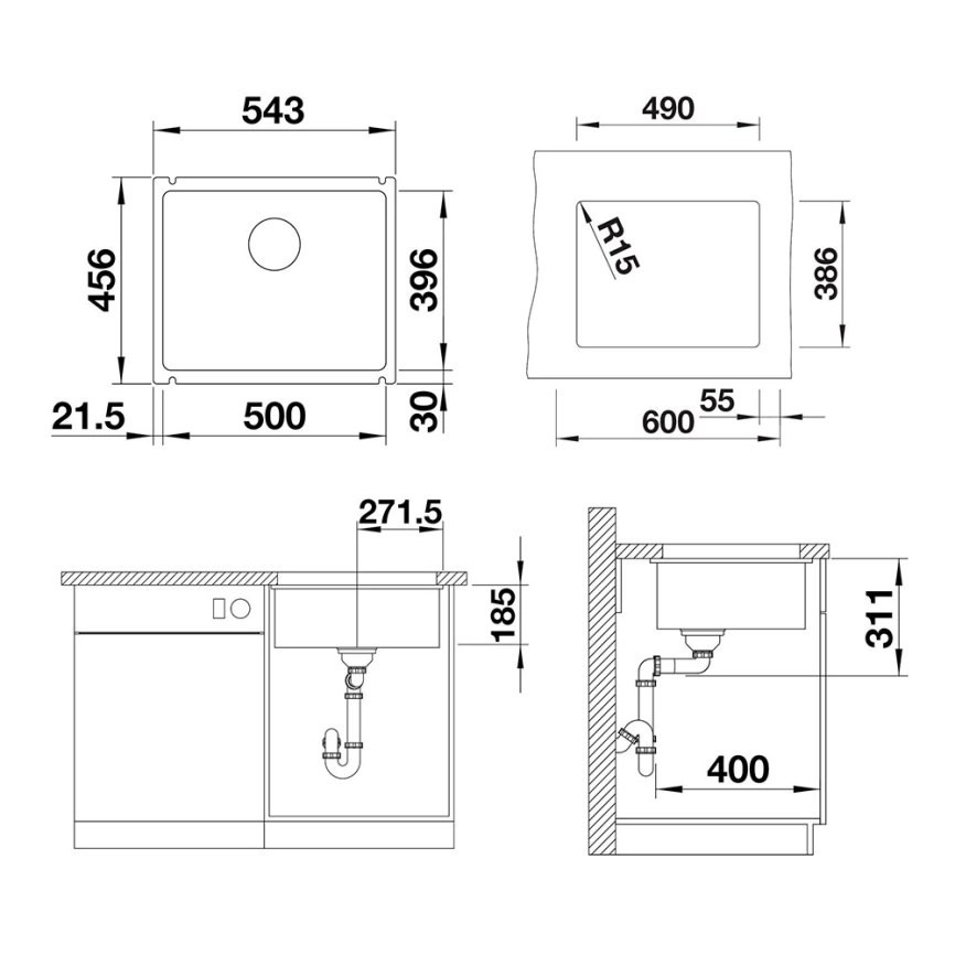 Мойка кухонная керамическая Blanco Subline 500-U 514506 белая - схема