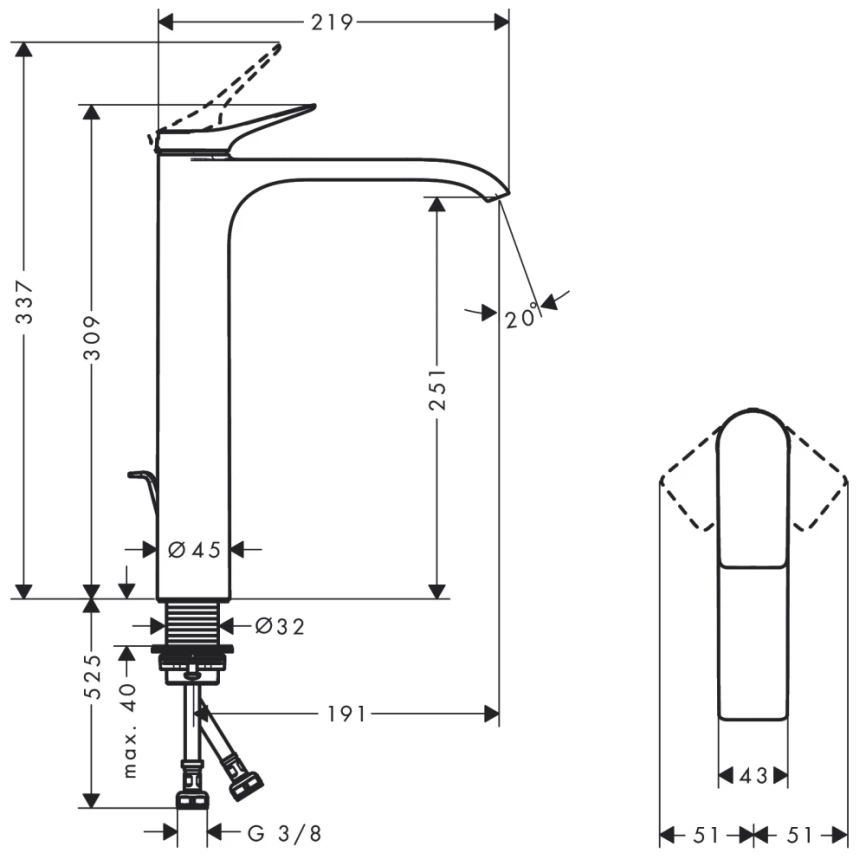 Смеситель для раковины Hansgrohe Vivenis 75040000, хром - схема