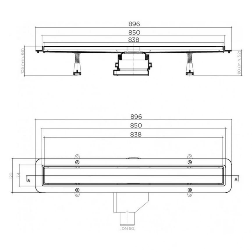 Душевой лоток Pestan Betto Line 850 мм, 13702512 с решеткой и опорами - схема