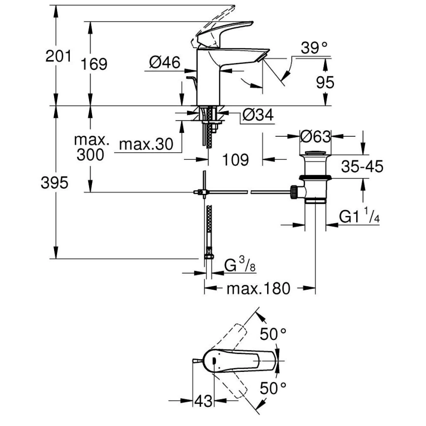 Смеситель для раковины Grohe Eurosmart 33265003 хром - схема