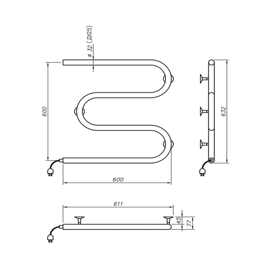 Полотенцесушитель электрический Олимп М 600x600, хром - схема