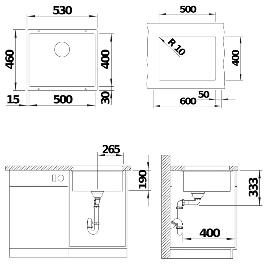 Мойка кухонная Blanco Rotan 500-U 523076 белый - схема