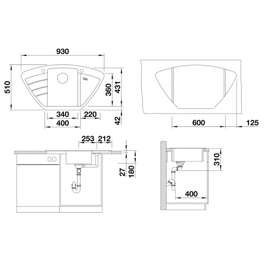 Мойка кухонная Blanco Zia 9 E 514758 белый - схема