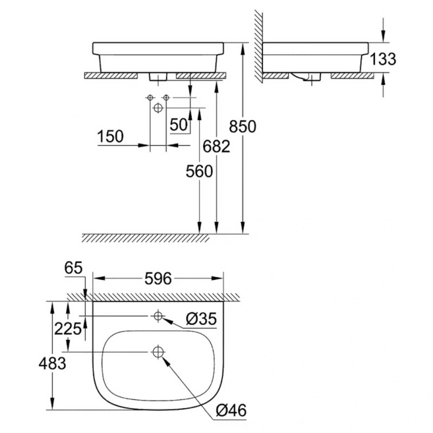 Раковина накладная Grohe Euro Ceramic 60 см 39337000 - схема