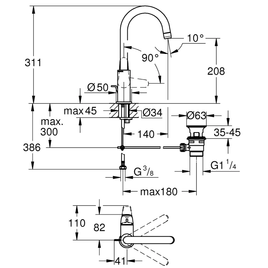Смеситель для раковины Grohe Euroeco 24272001, хром - схема