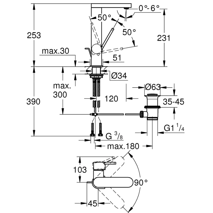 Смеситель для раковины Grohe Plus 23851003, хром - схема
