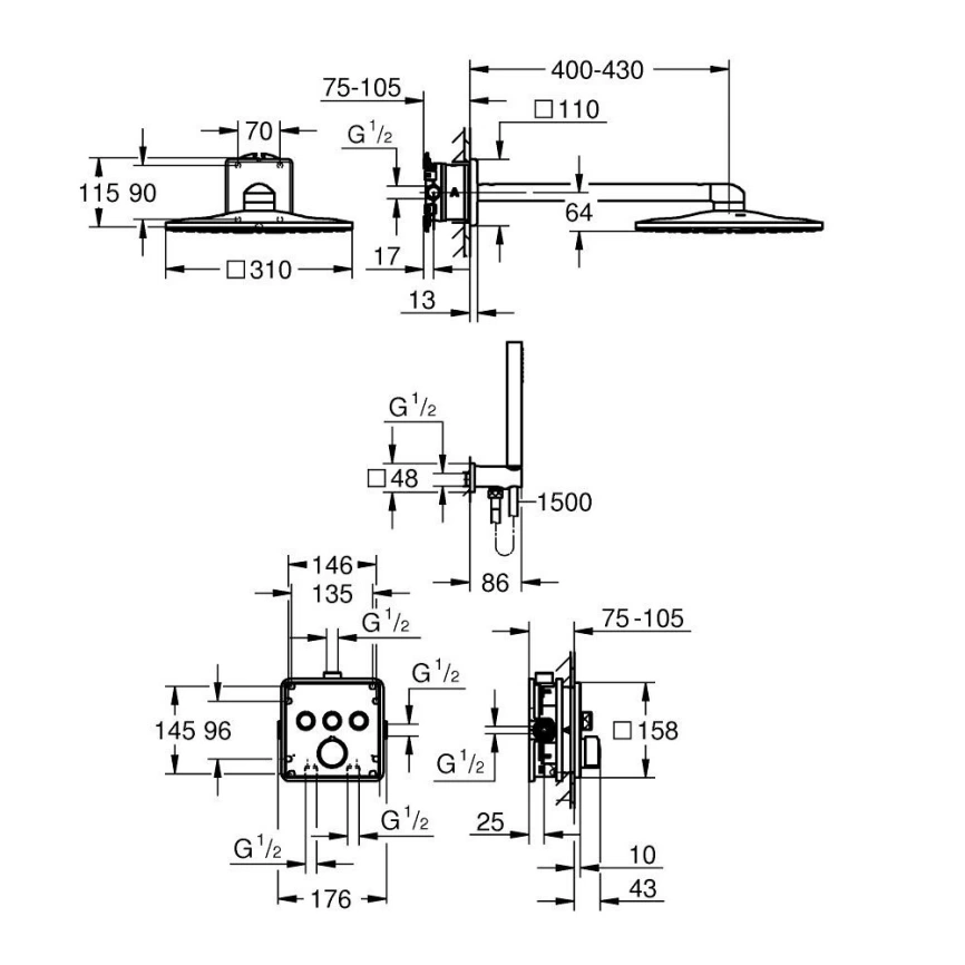 Душевой комплект Grohe Grohtherm SmartControl 34873000 хром с термостатом - схема