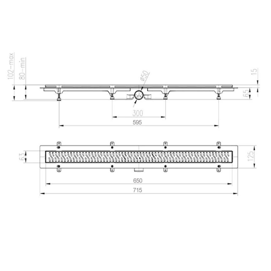 Душевой лоток MCH CH650 MC с решеткой и опорами, черный - схема