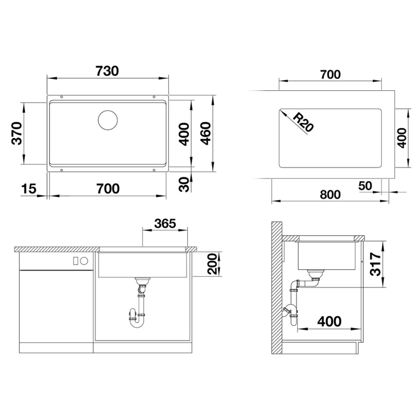 Мойка кухонная Blanco Etagon 700-U 525167 антрацит - схема