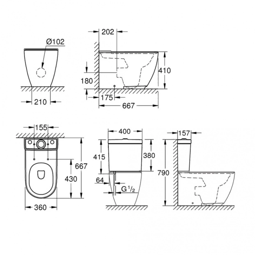 Унитаз компакт Grohe Essence Ceramic 3957200H с бачком 39579000 и сиденьем с микролифт 39577000 - схема