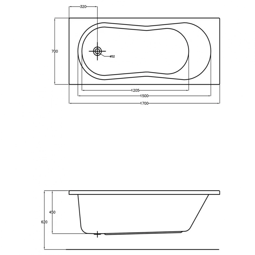 Ванна акриловая Cersanit Nike 170x70 с ножками - схема