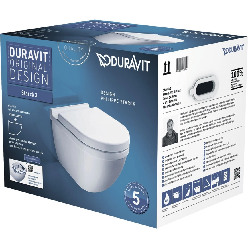 Унитаз подвесной Duravit Starck 3, 45270900A1 безободковый с сиденьем - фото 7