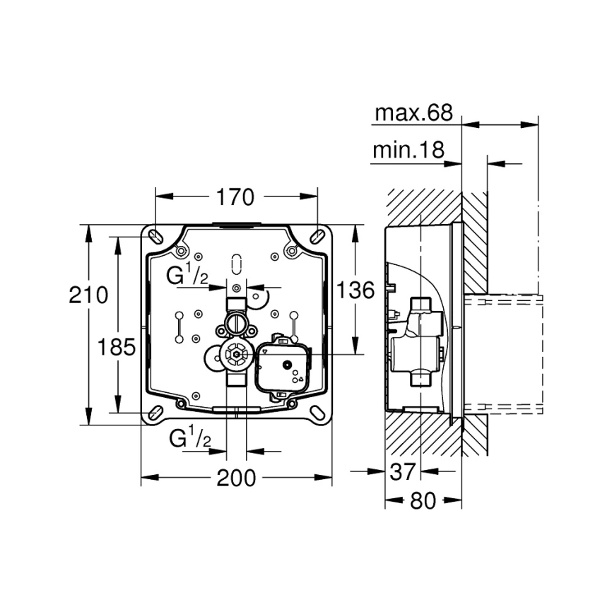 Скрытая монтажная часть для писсуара Grohe Rapido U 37338000 - схема