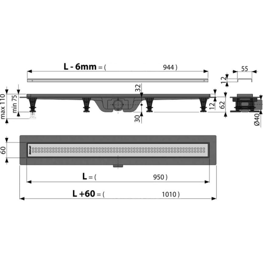 Душевой лоток AlcaPlast APZ9-950M с решеткой и опорами, хром - схема