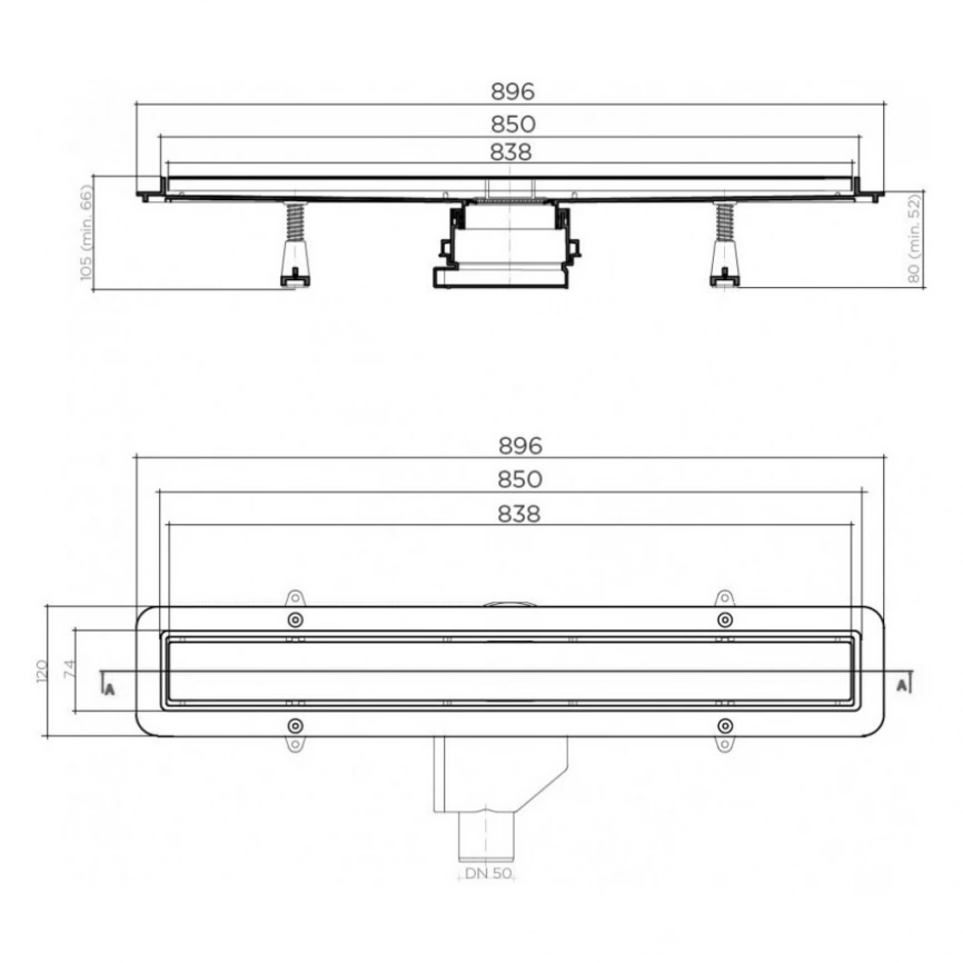 Душевой лоток Pestan Betto Line 850 мм, 13702519 с решеткой и опорами - схема