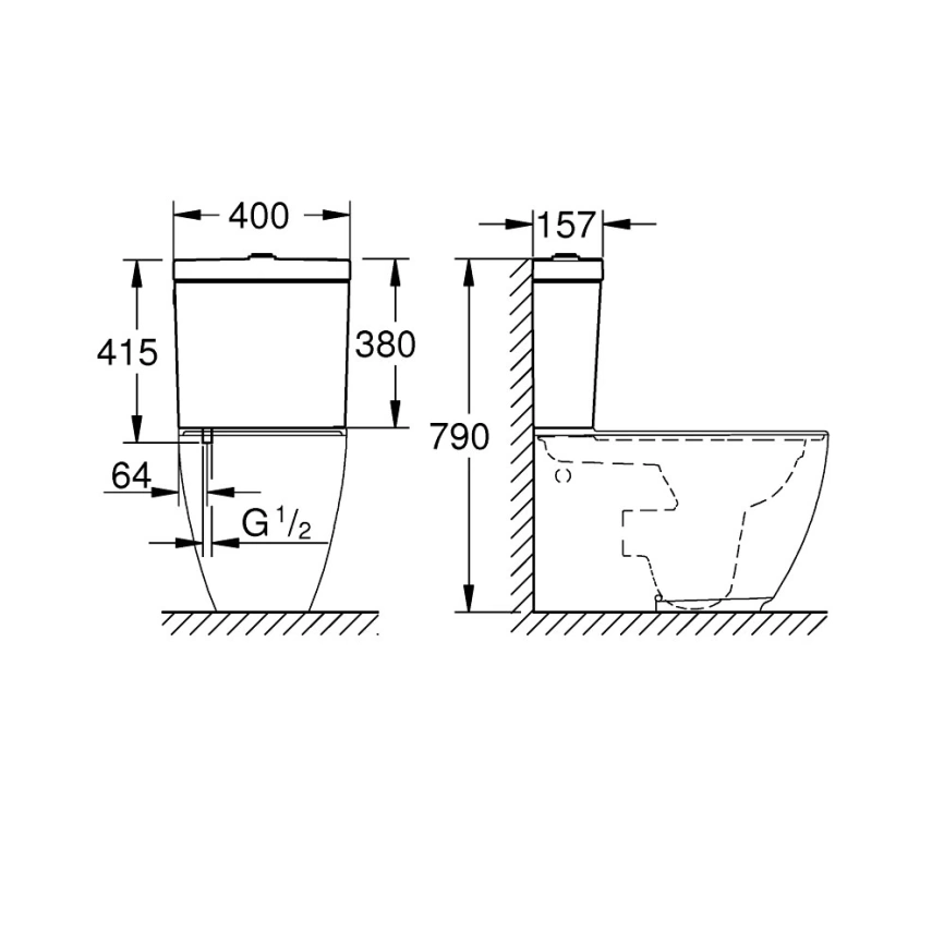 Бачок для унитаза Grohe Essence Ceramic 39579000 подводка снизу - схема