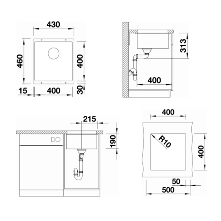 Мойка кухонная Blanco Subline 400-U 527349 вулканический серый - схема