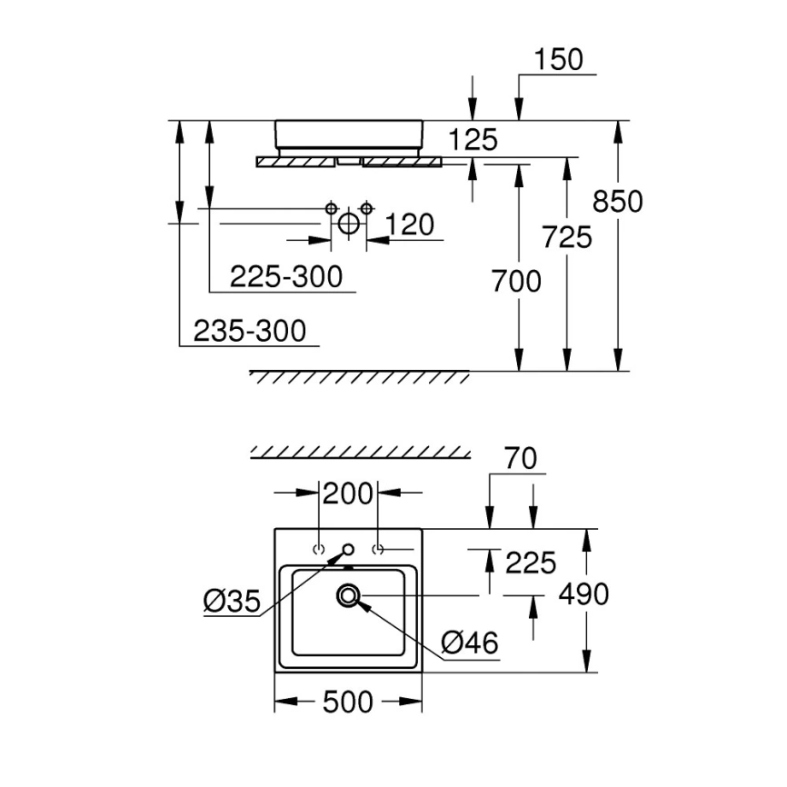 Раковина Grohe Cube Ceramic 50 см 3947800H накладная - схема