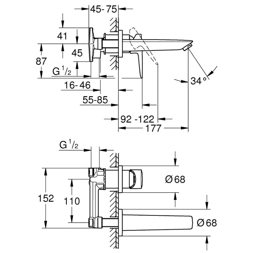Смеситель для раковины Grohe BauEdge 20474001 настенный, хром - схема
