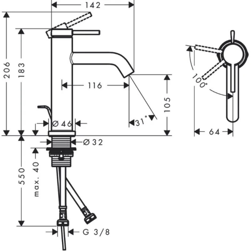Смеситель для раковины Hansgrohe Tecturis S 73314000, хром - схема