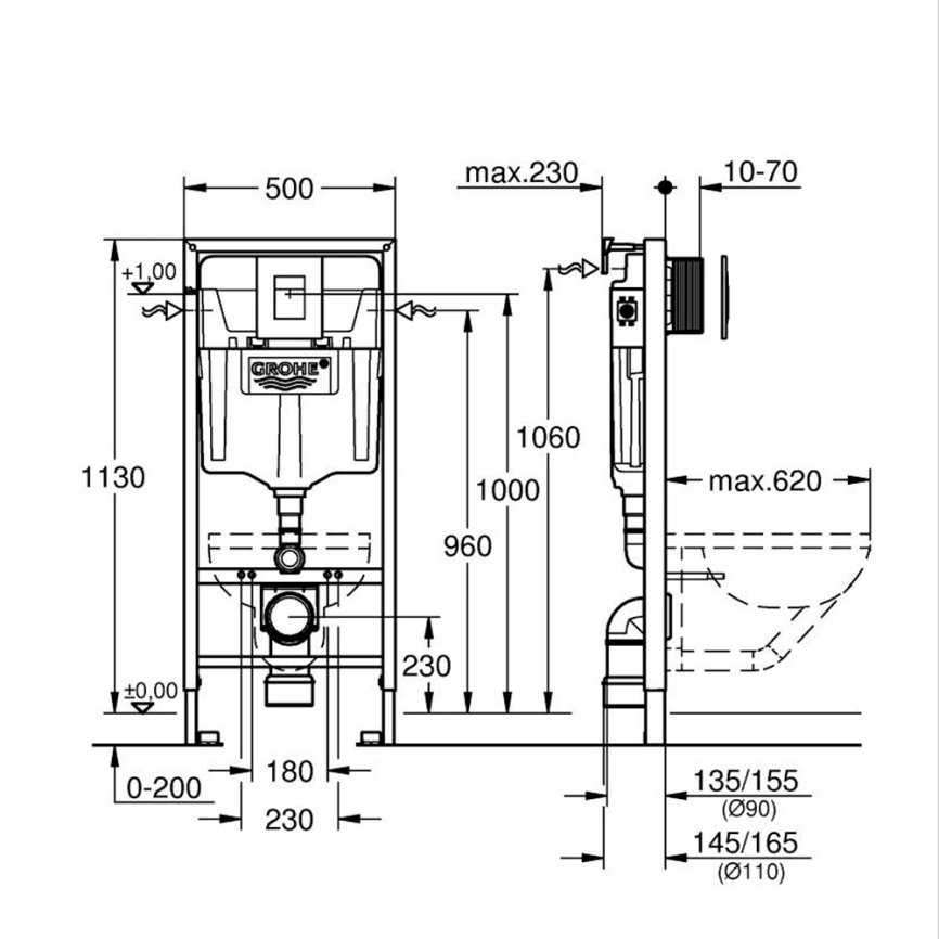 Комплект инсталляции Grohe Rapid SL 38772001 c кнопкой хром и подвесным унитазом Gromix GM-0232 с сиденьем - схема инсталляции
