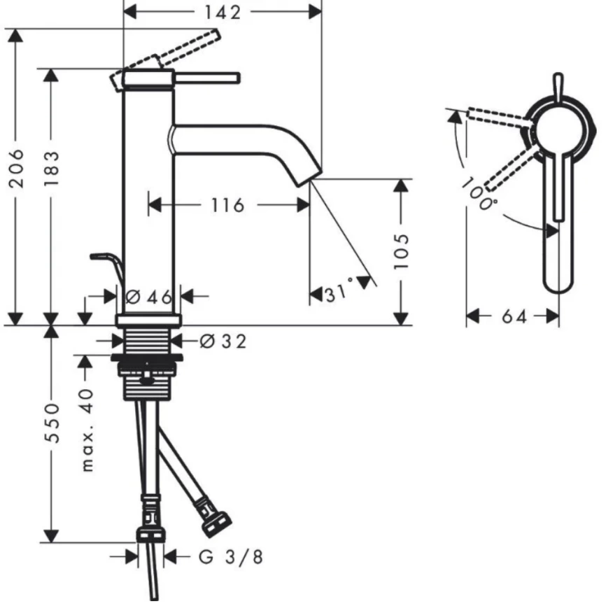 Смеситель для раковины Hansgrohe Tecturis S 73314700, белый - схема