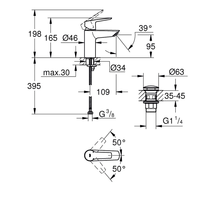 Смеситель для раковины Grohe Start 235502432 с донным клапаном, черный - схема