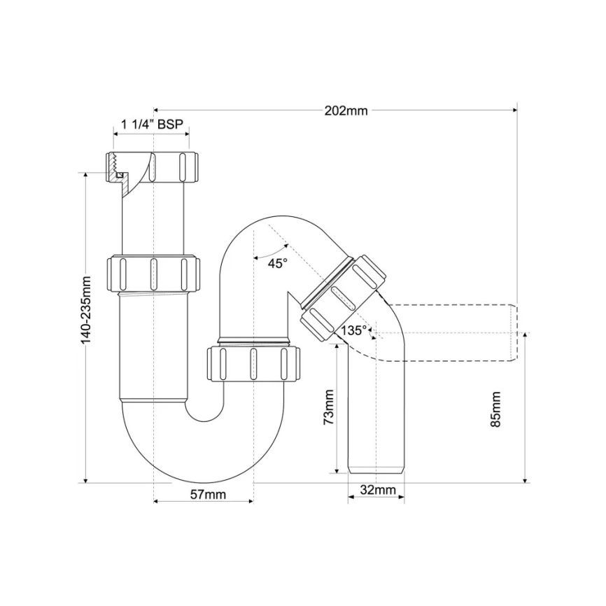 Сифон для раковины McAlpine MRW5 с накидной гайкой 1 1/4"х32 мм экономящий пространство - схема