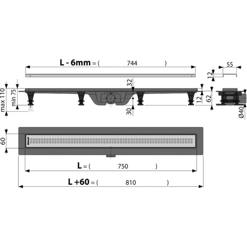 Душевой лоток AlcaPlast APZ9-750M с решеткой и опорами, хром - схема