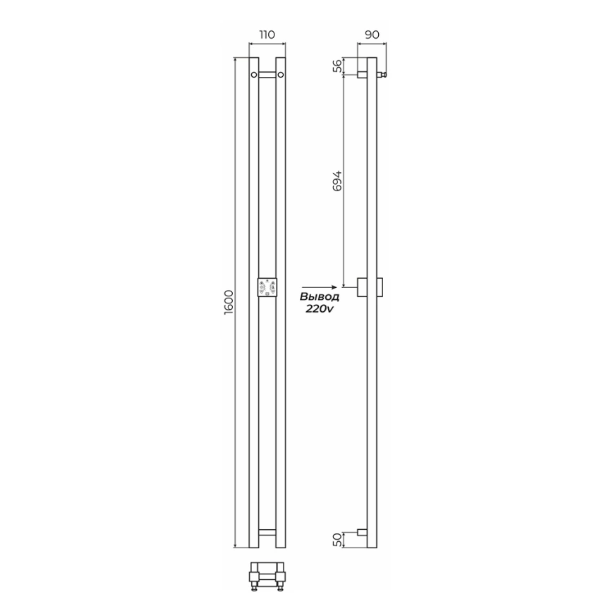 Полотенцесушитель электрический Beste Duo 1600 проф, белый - схема